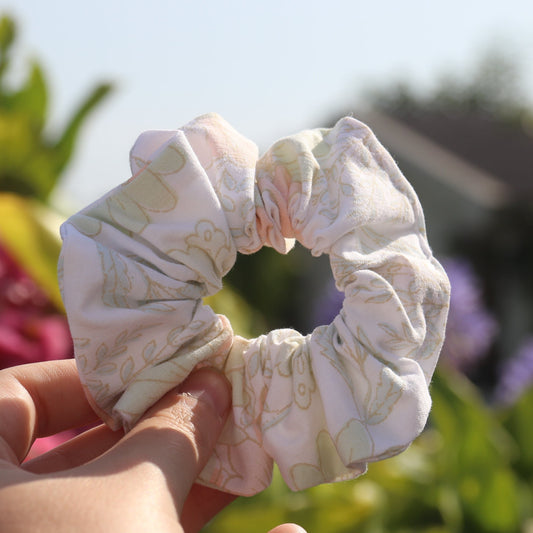 Chouchou fleurs vertes et oranges pastel